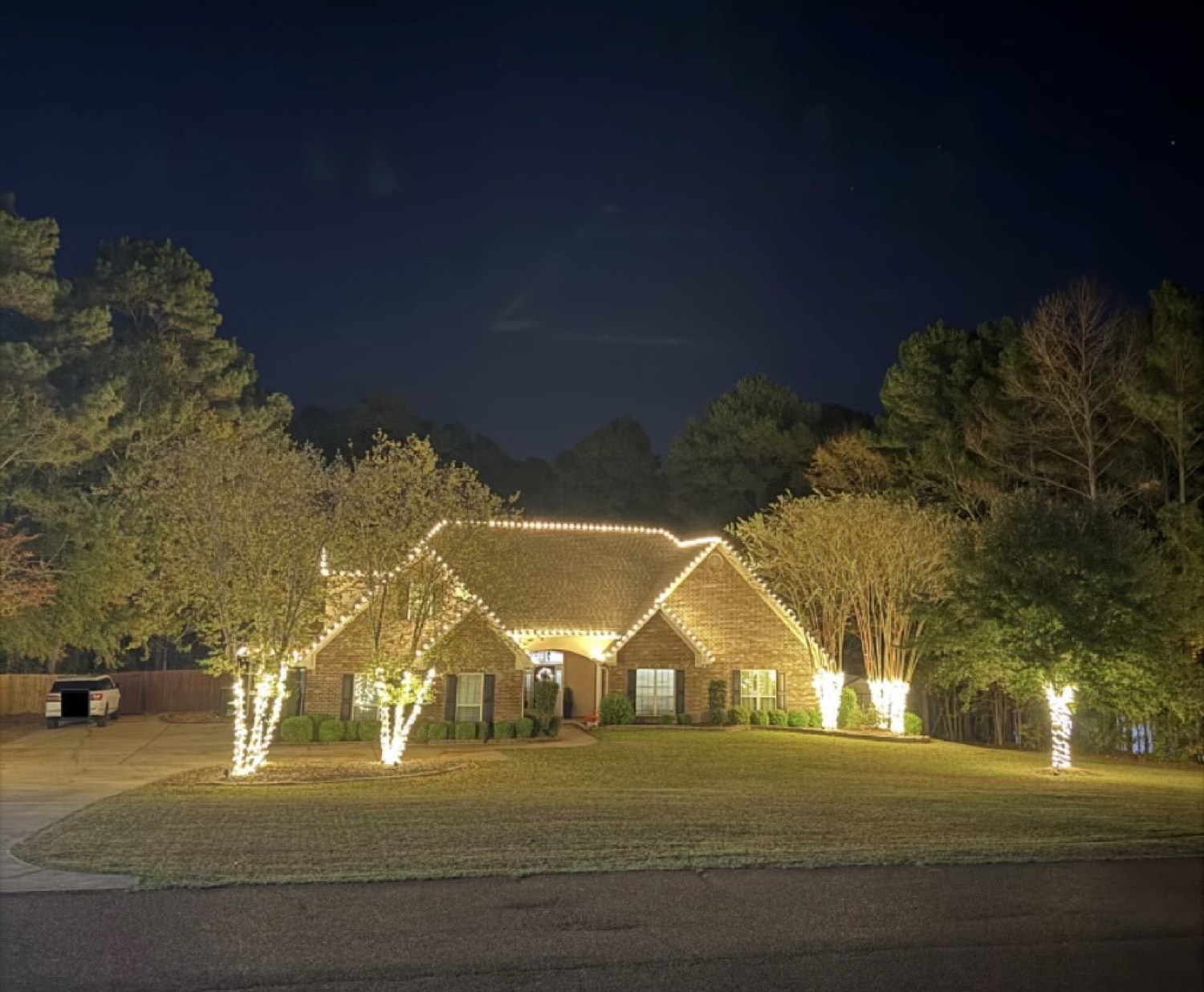Brick home with a warm white roofline and illuminated trees across the front yard